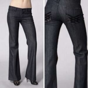 7 For All Mankind Dojo Flare Jeans Low Rise Lattice Patent Leather Pocket Sz 26